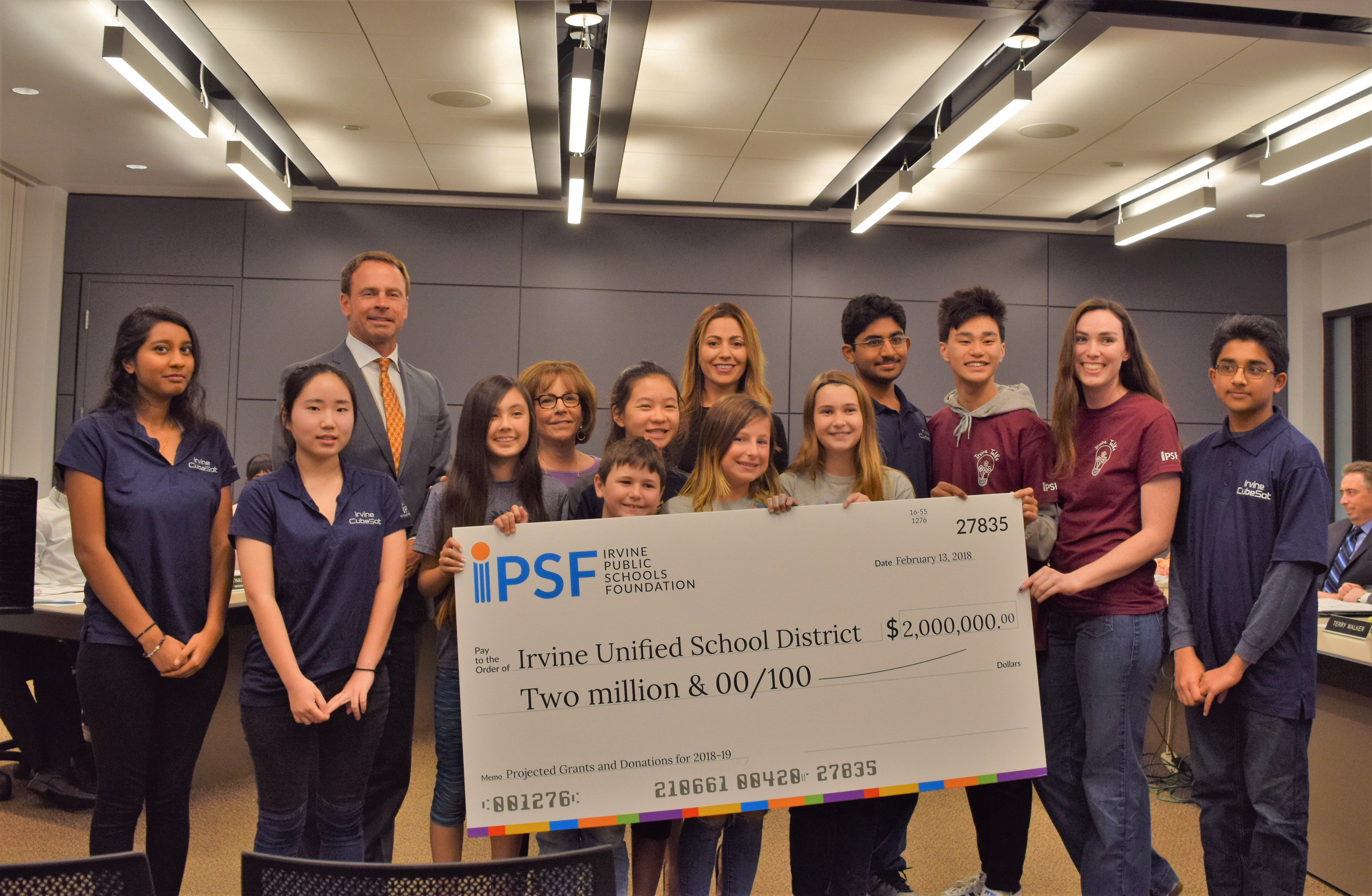 Irvine Public Schools Foundation (IPSF) presented a $2 million check to Irvine Unified School District at their Board of Education meeting with students representing programs that are part of the foundation’s 2018-2019 school year funding commitment inclu